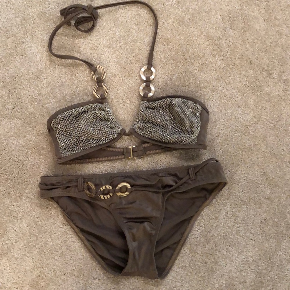 Guess Brown Two-Piece Bikini with Metallic Accents